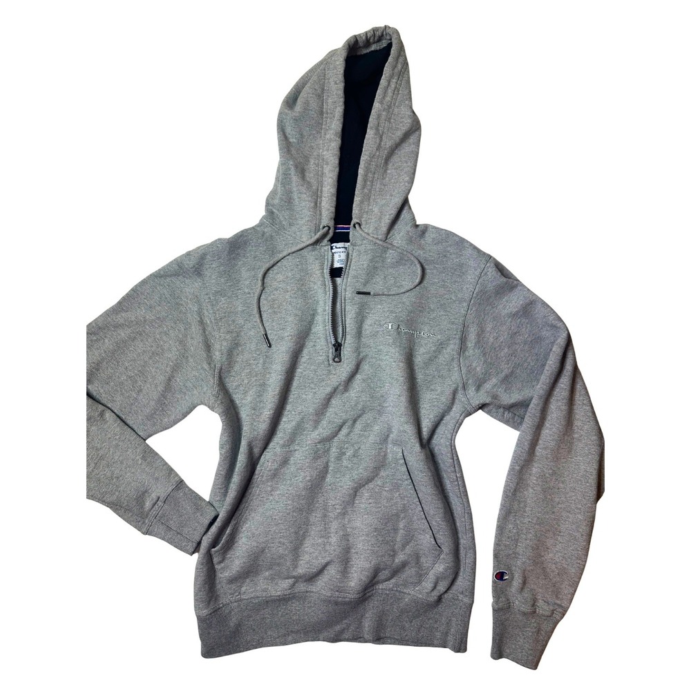 Champion Gray Half-Zip Hoodie With Kangaroo Pocket & Logo Embroidery Size Medium